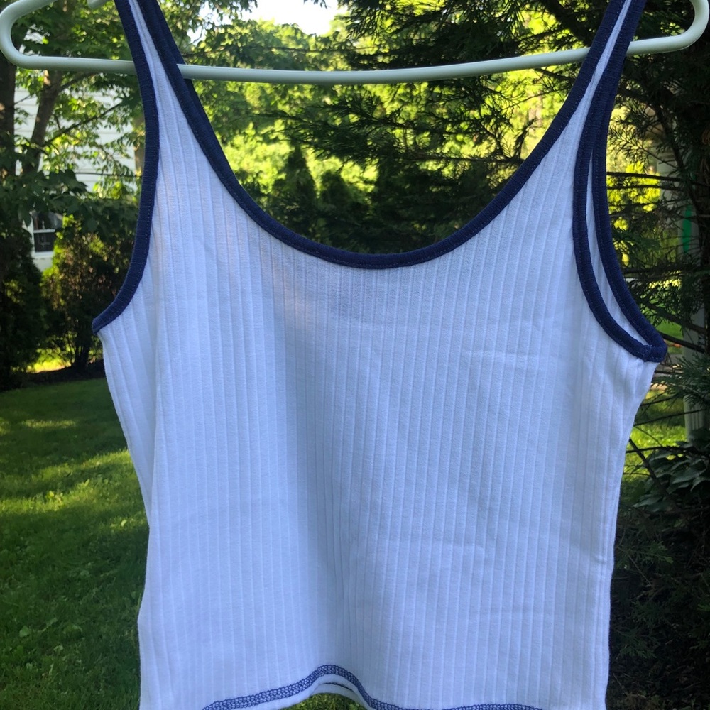 White tank top with blue trim